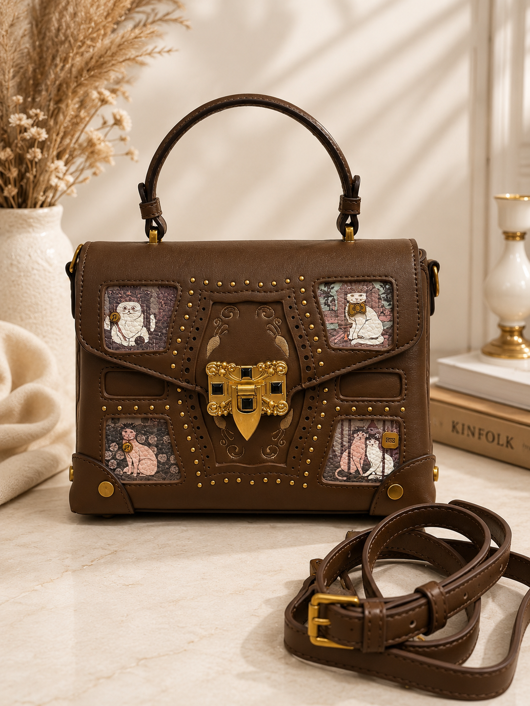 Brown Vintage Cat Edition Satchel Bag