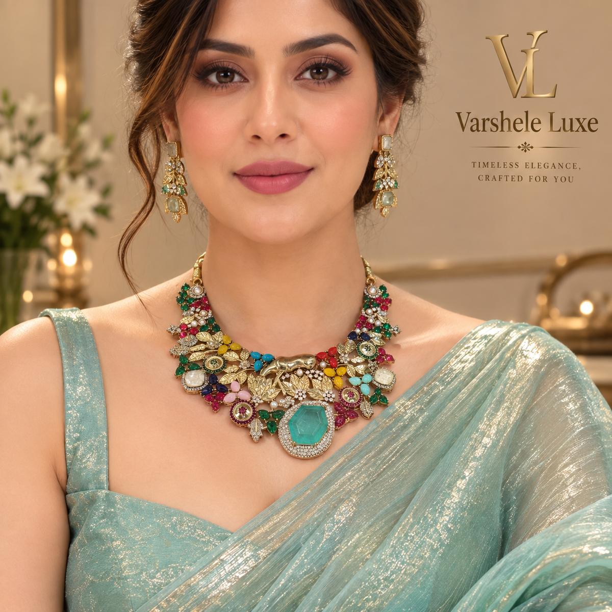 Royal Multicolor Emerald Statement Necklace Set