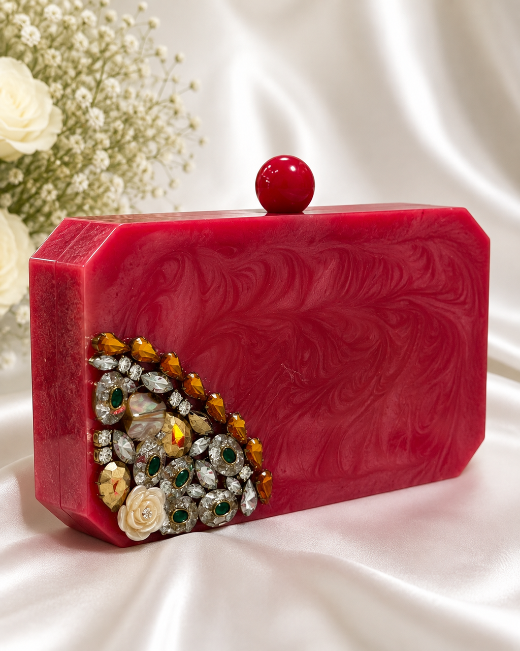 Elegant Ruby Red Bloom Embellished Resin Clutch