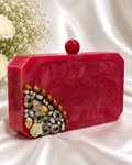 Elegant Ruby Red Bloom Embellished Resin Clutch