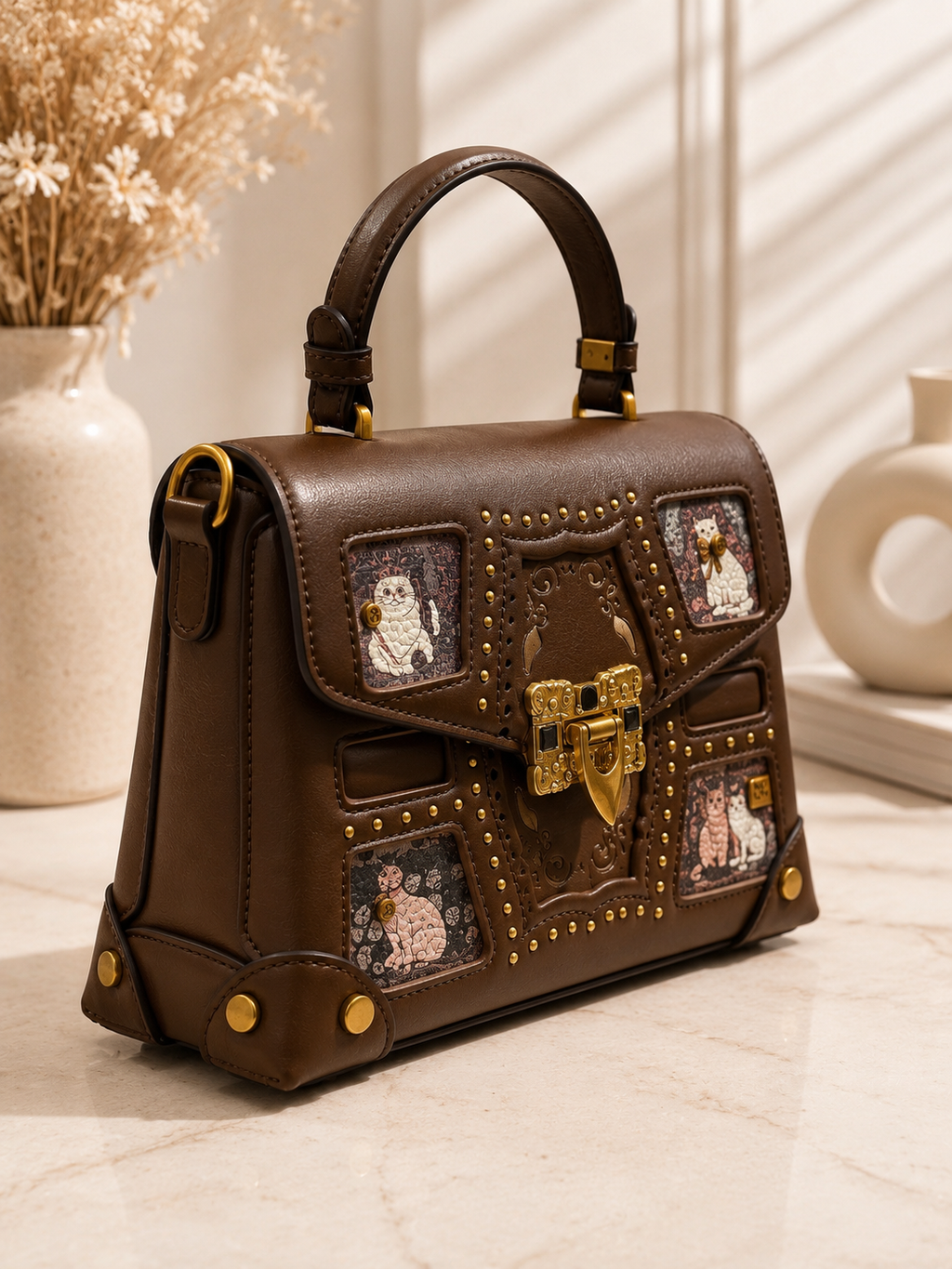 Brown Vintage Cat Edition Satchel Bag