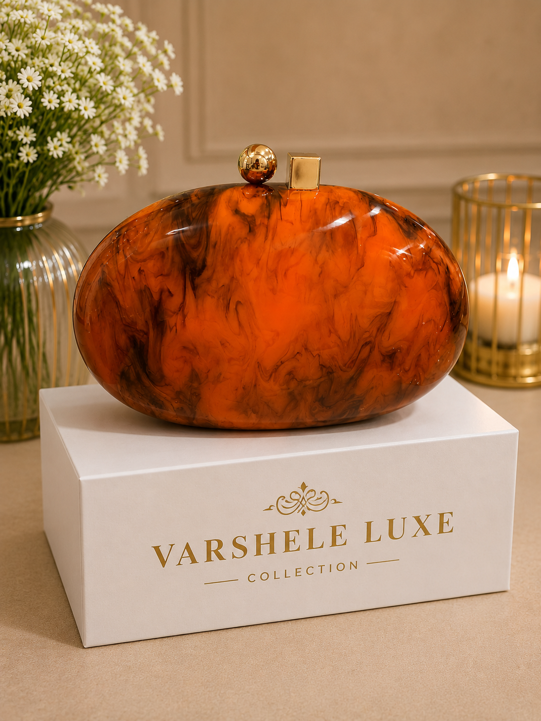Oval acrylic luxury orange black clutch