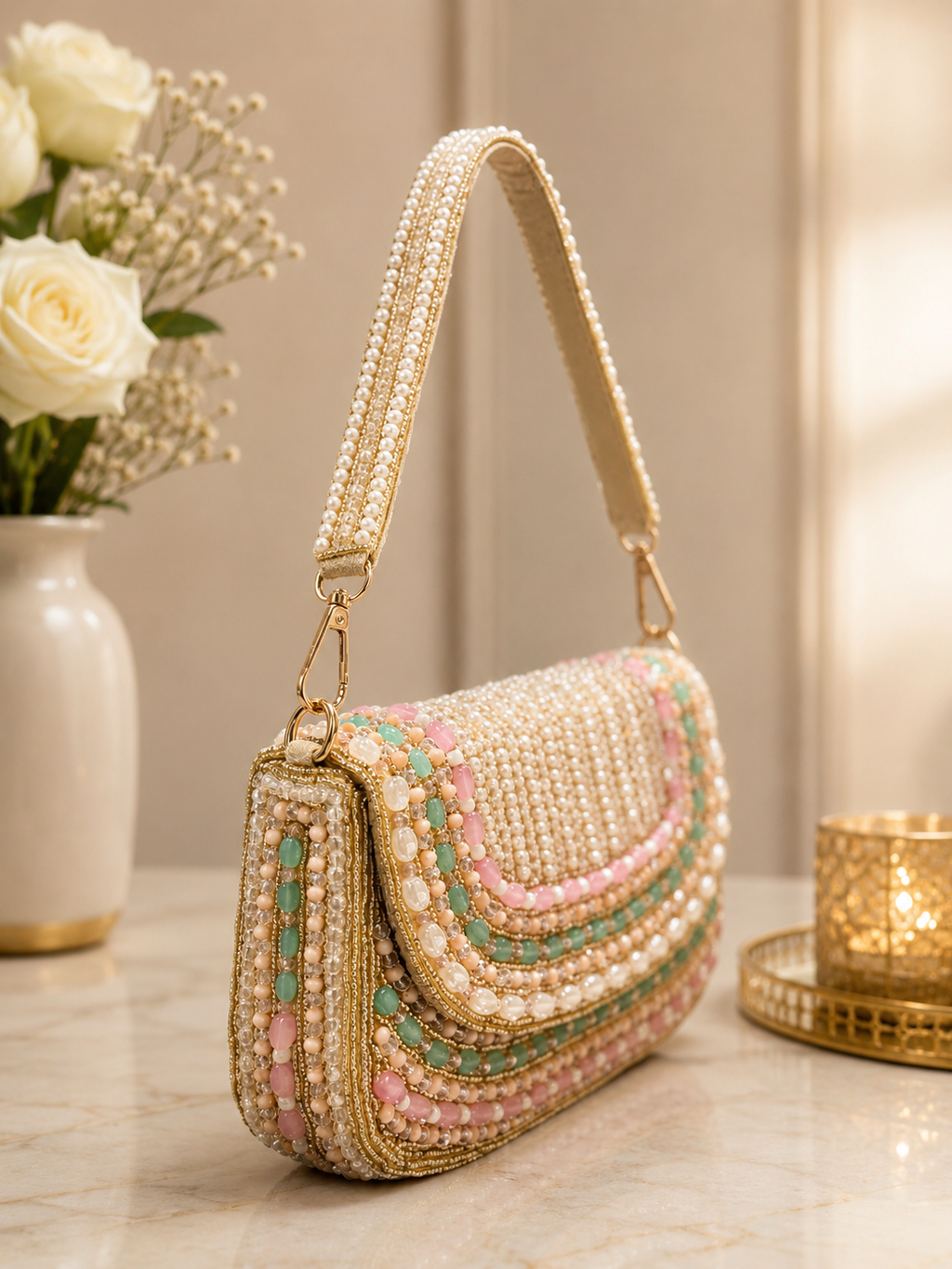 Pearl Blossom Beaded Shoulder Bag