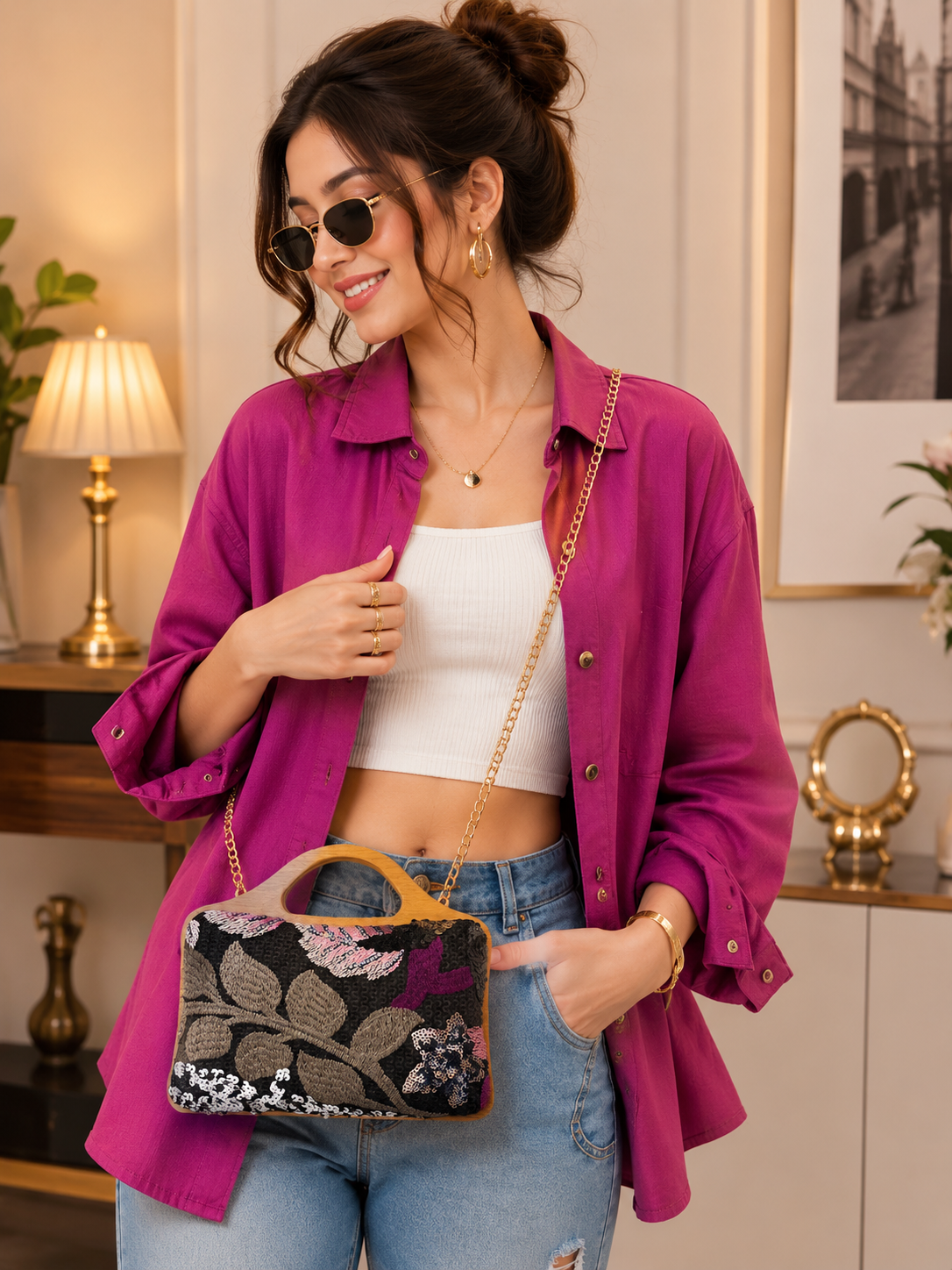 Floral Embroidered Wooden-Handle Handbag
