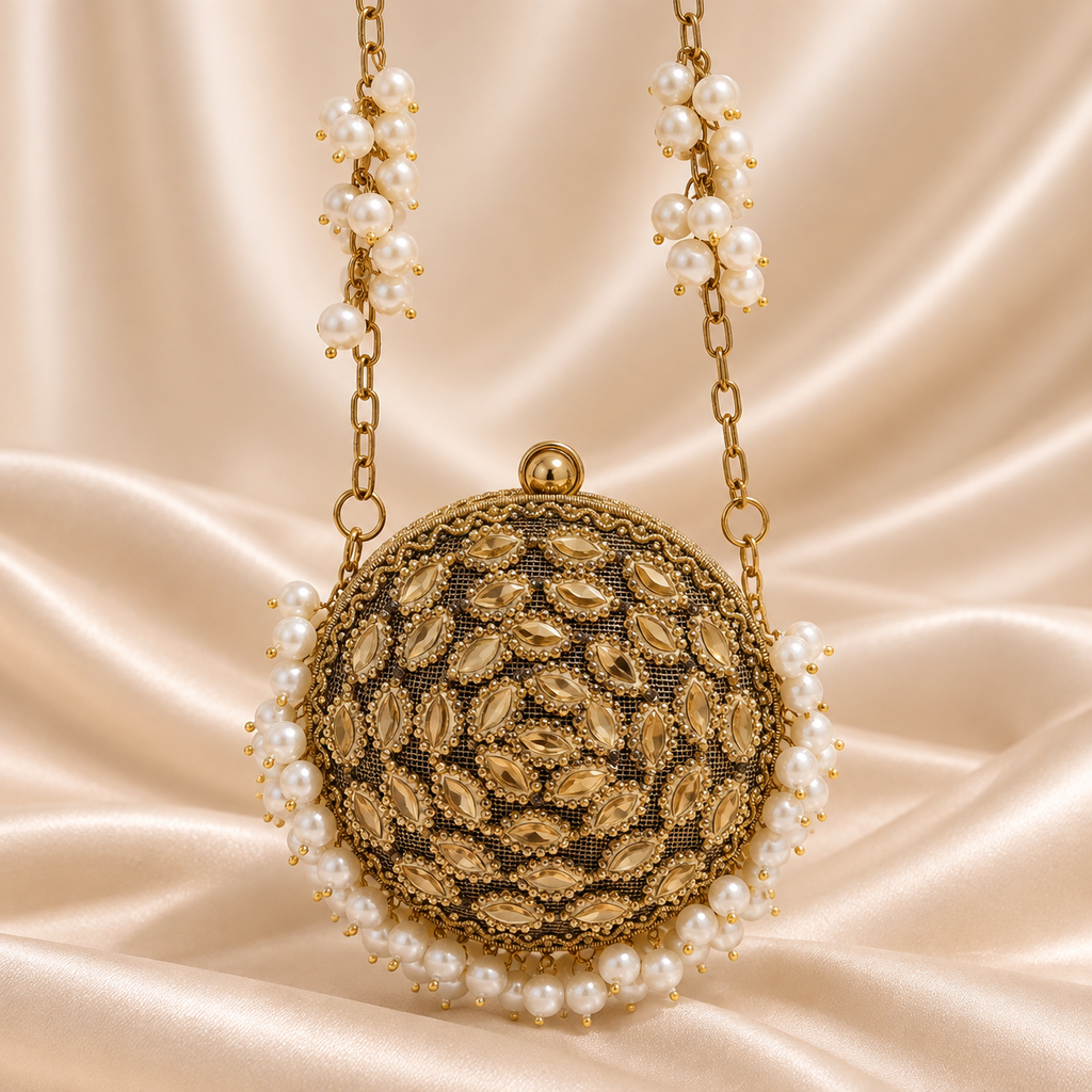 Golden Pearl Round Luxe Mini Metal Clutch