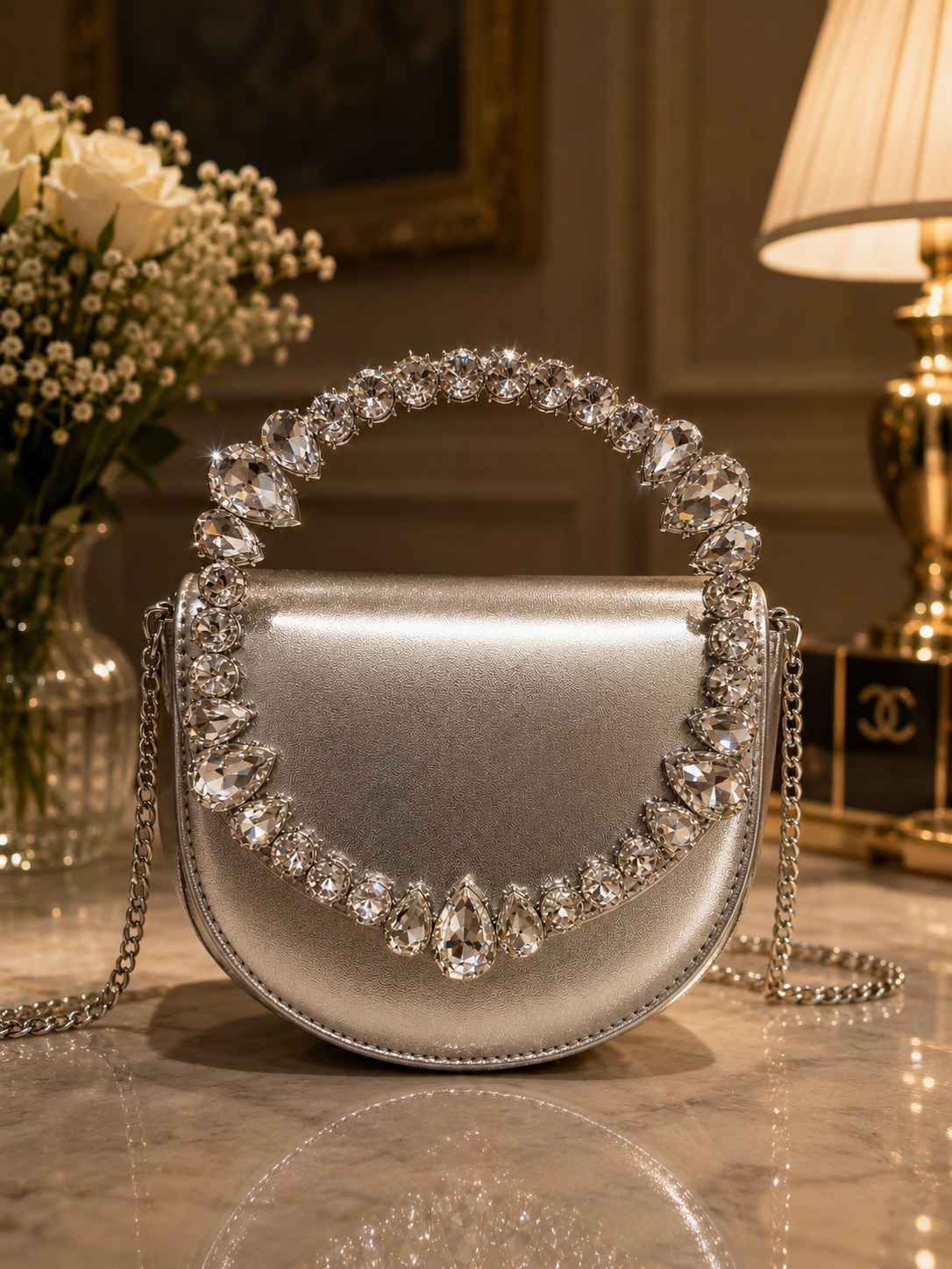Luxury shiny Crystal handle stones hand bag