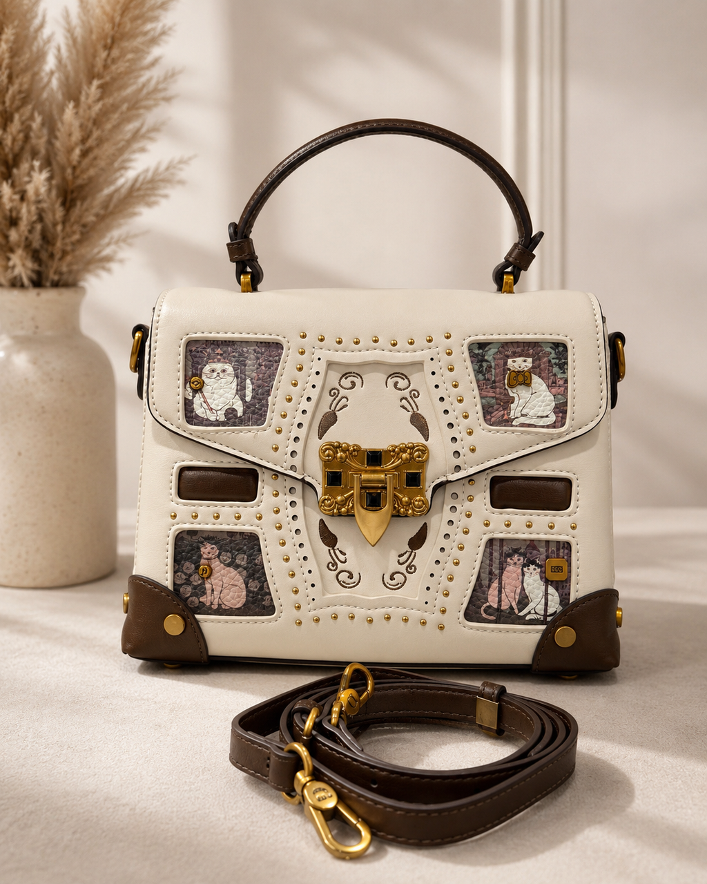 Vintage Cat Charm Top Handle Bag