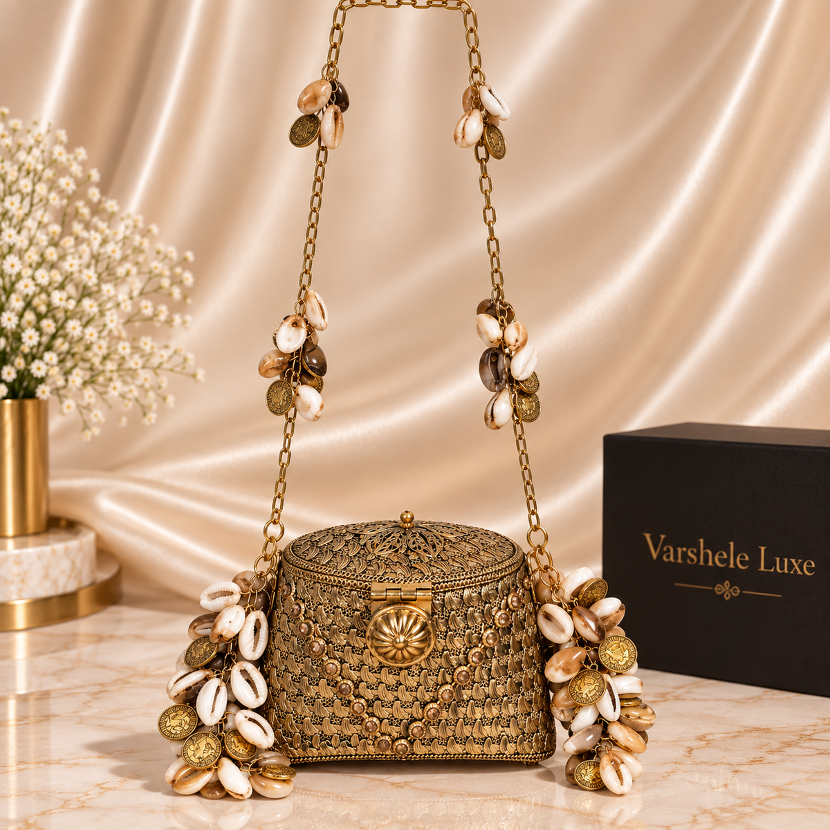 Varshele Luxe Golden Shell Charm Mini Clutch