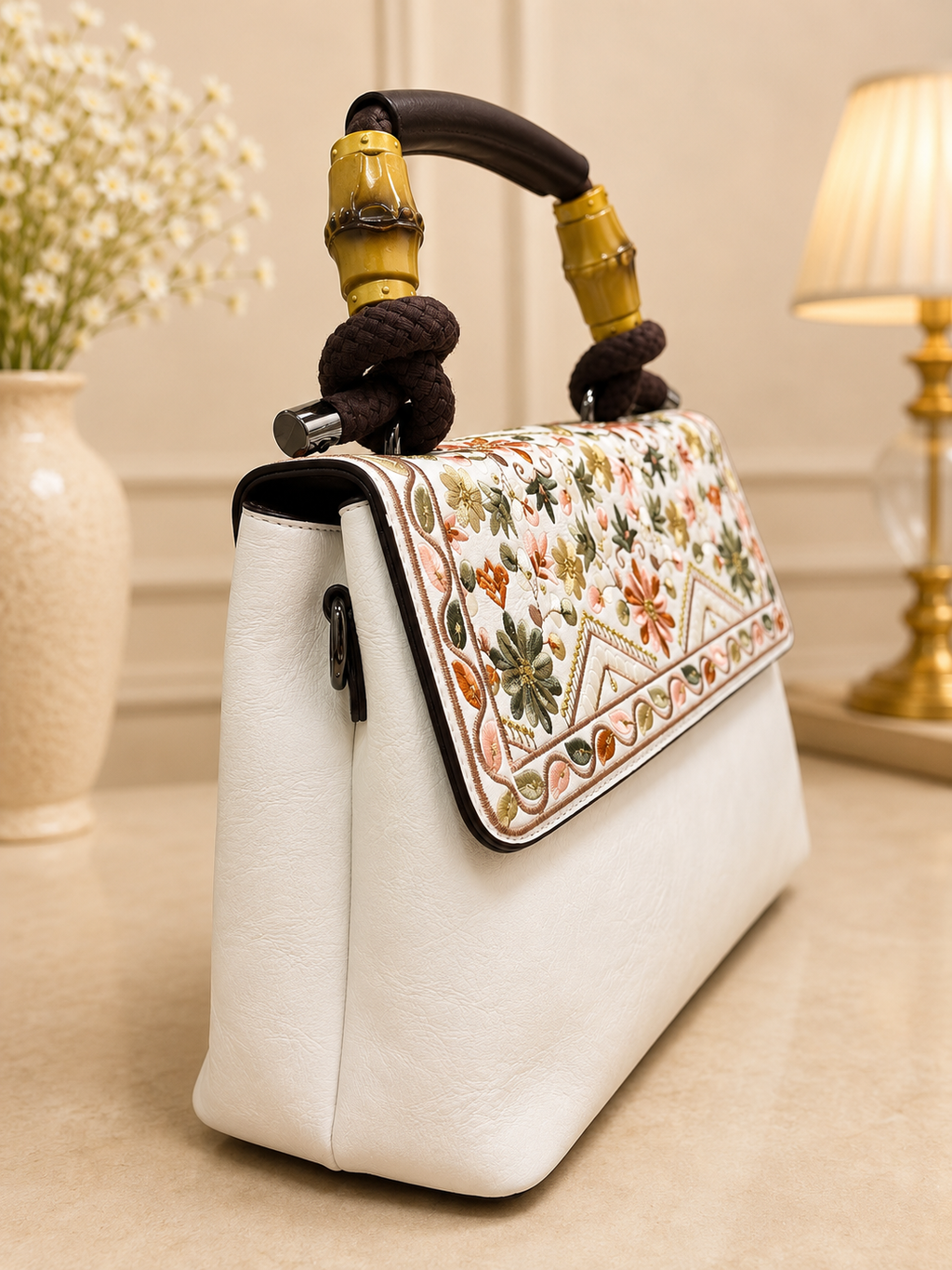 Ivory Bloom Embroidered Handbag