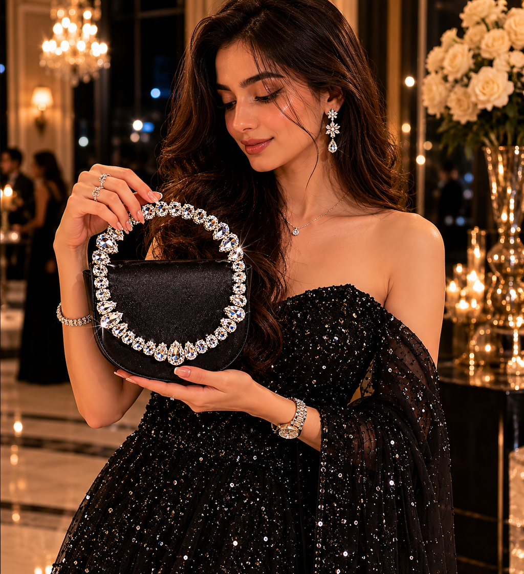 Luxury shiny Crystal handle stone hand bag