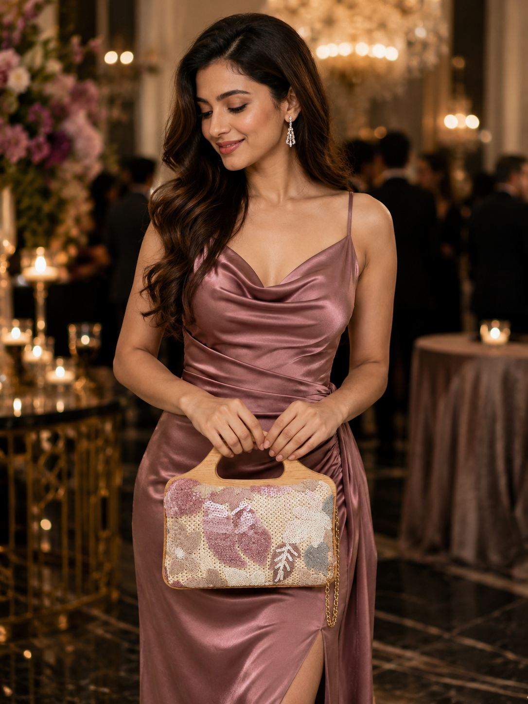 Floral Sequin Artisan Wooden-Handle Handbag