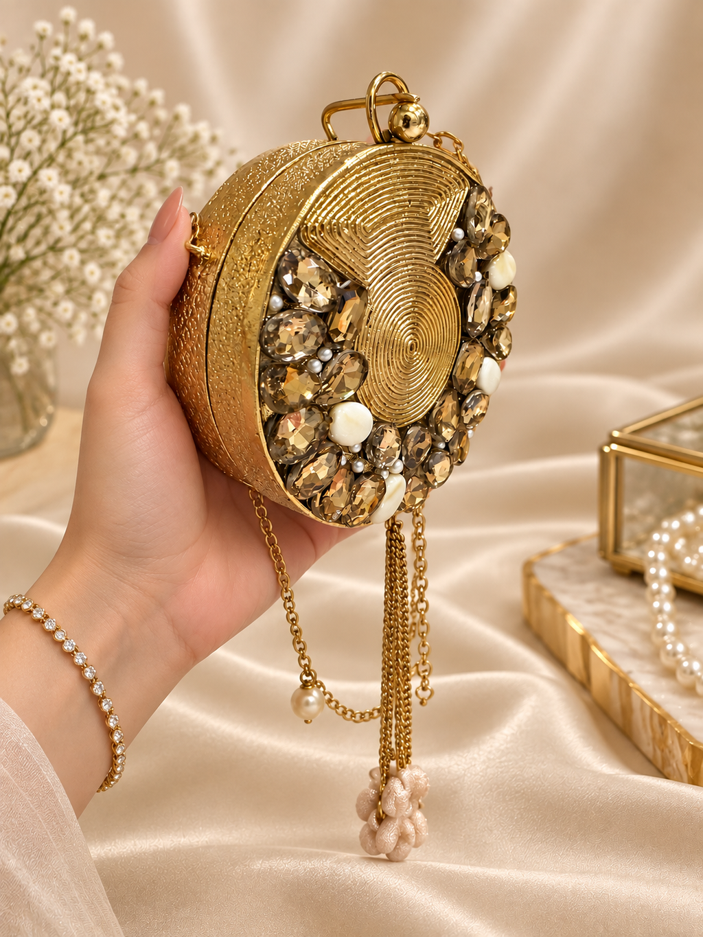 Varshele Luxe Golden Spiral Crystal Mini Clutch