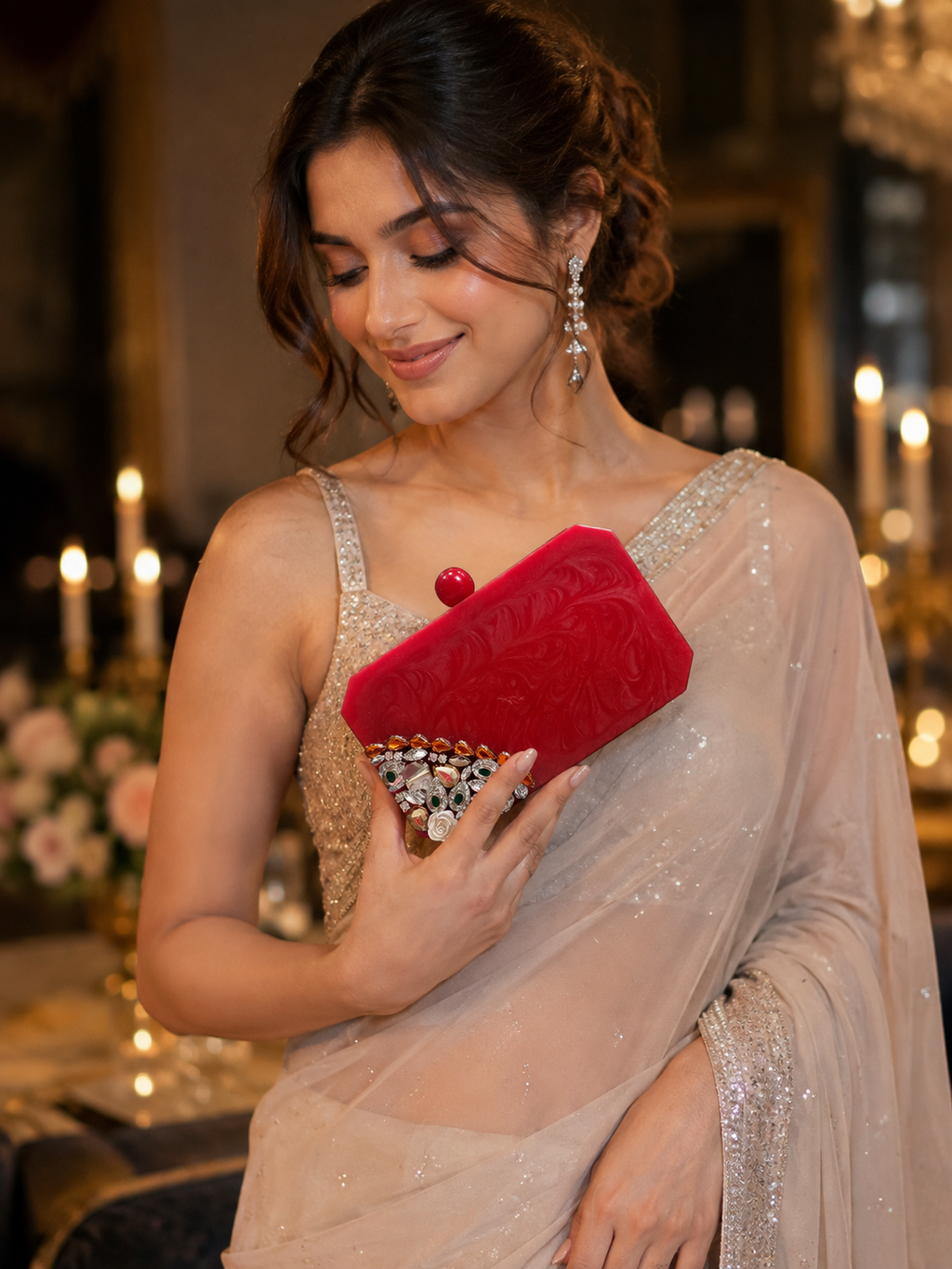 Elegant Ruby Red Bloom Embellished Resin Clutch