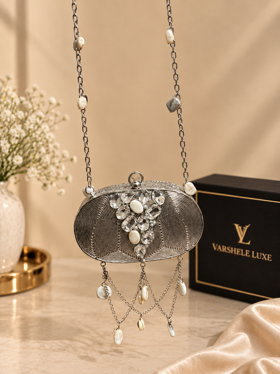 Silver Pearl Cascade Mini Metal Clutch
