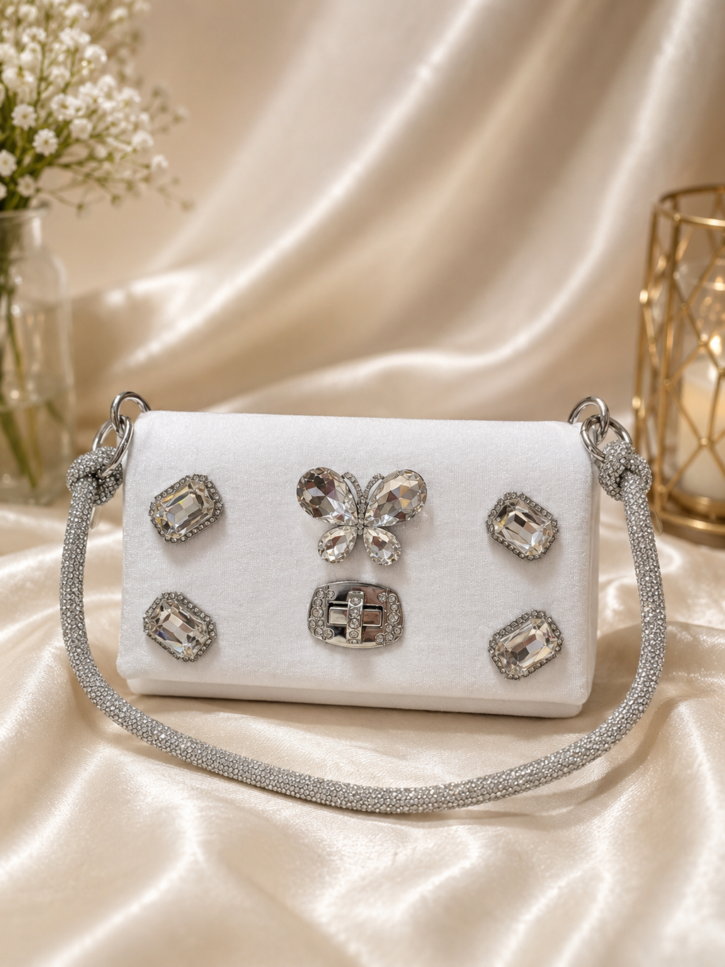 Elegant Crystal Embellished White Shoulder Bag