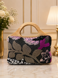 Floral Embroidered Wooden-Handle Handbag