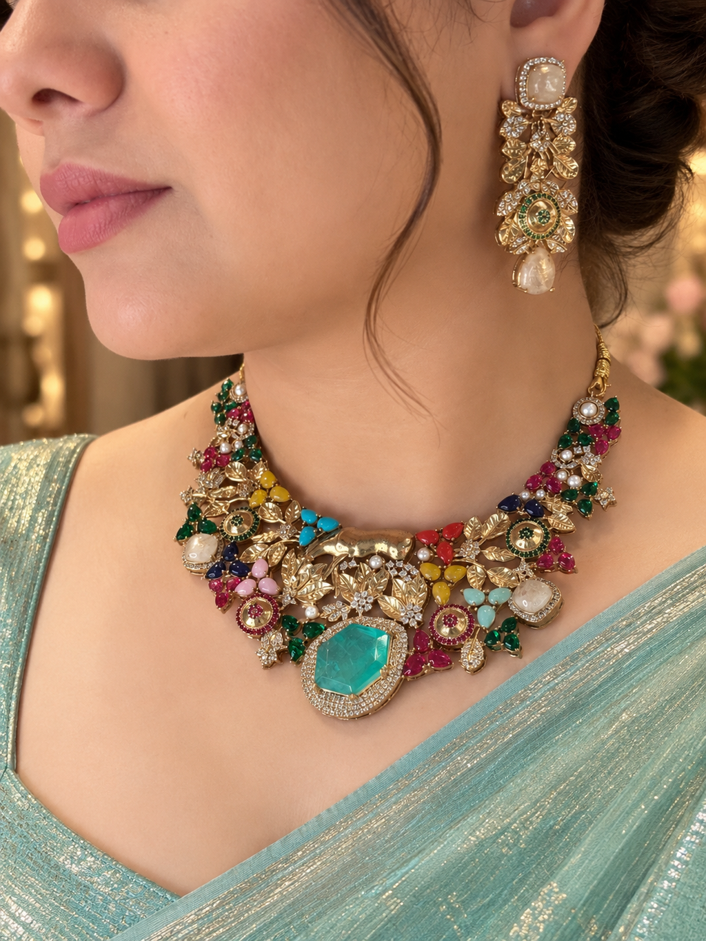 Royal Multicolor Emerald Statement Necklace Set