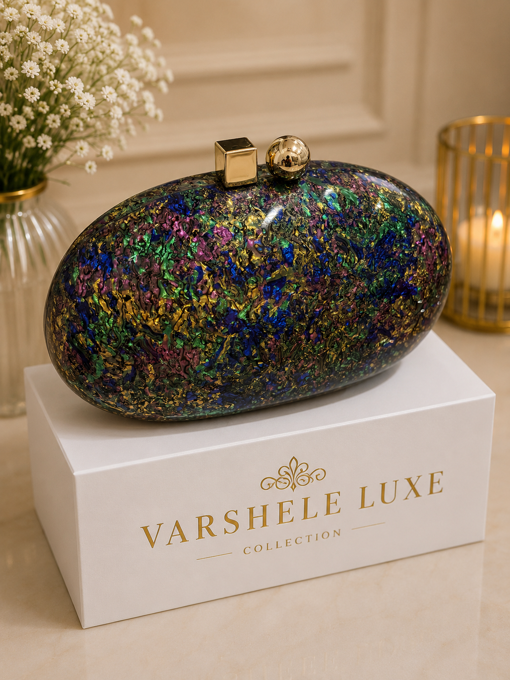Oval acrylic multicolour luxury clutch