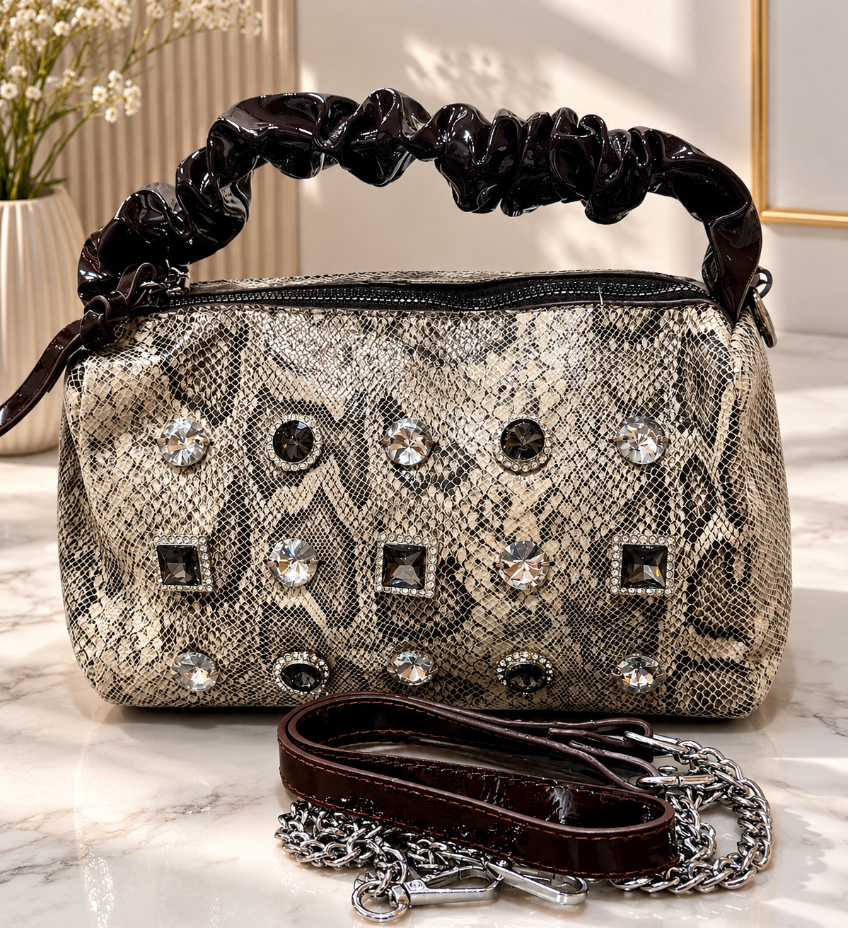 Snake Print Crystal Hand/Shoulder Bag