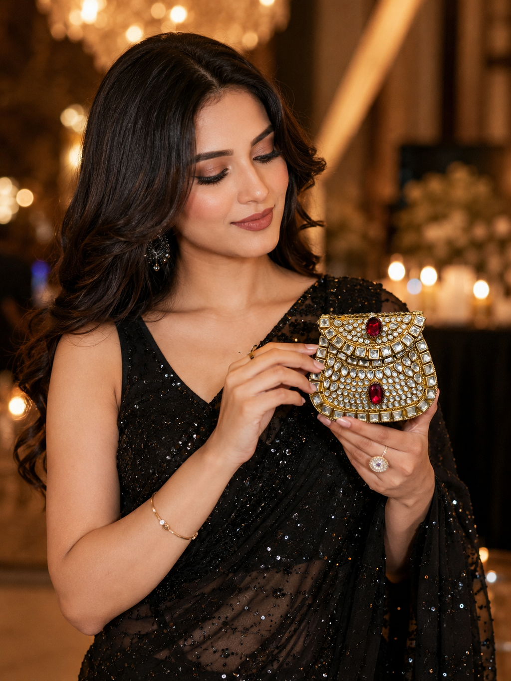 Small golden metal kundan clutch