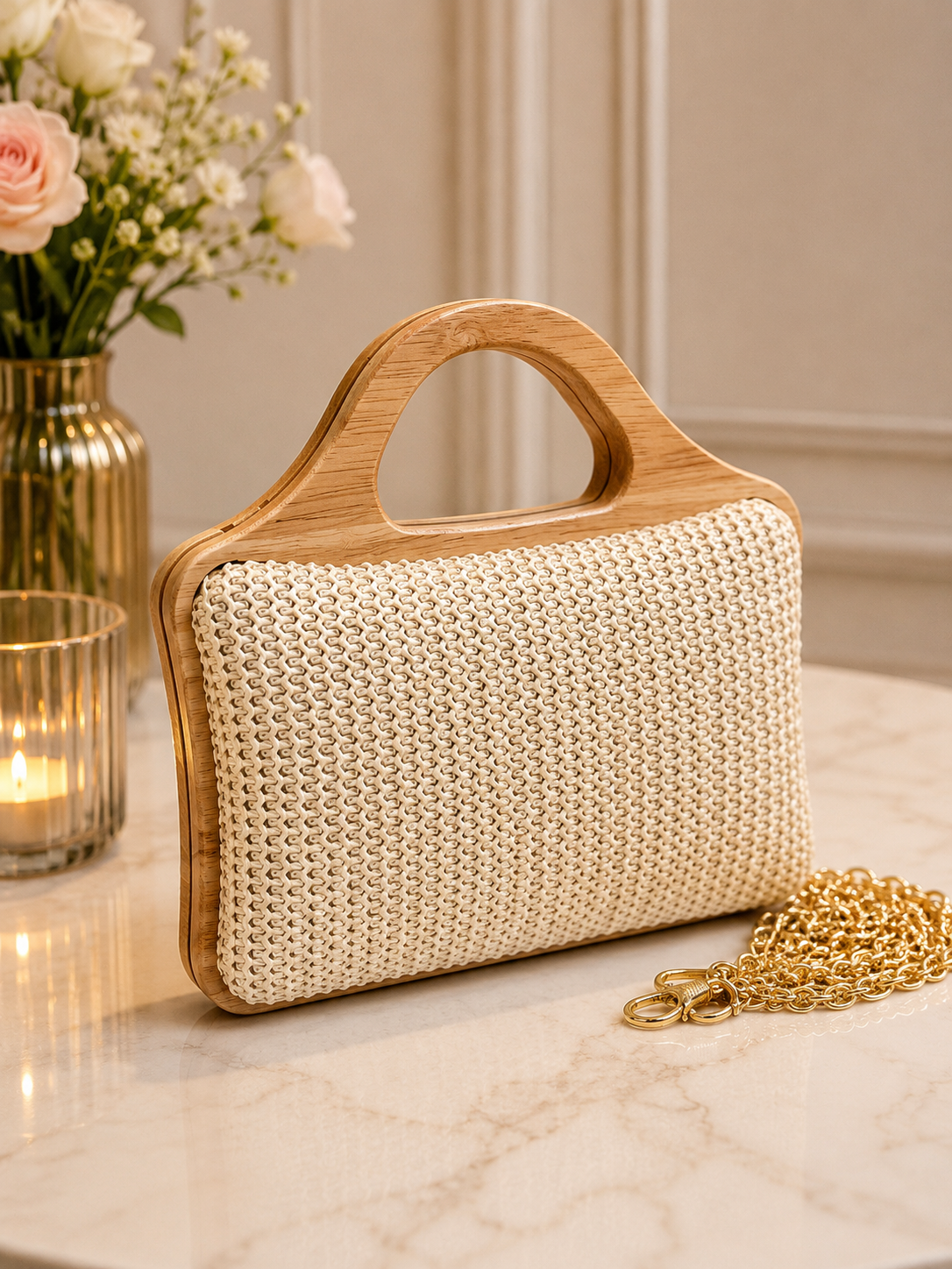 Floral Sequin Artisan Wooden-Handle Handbag