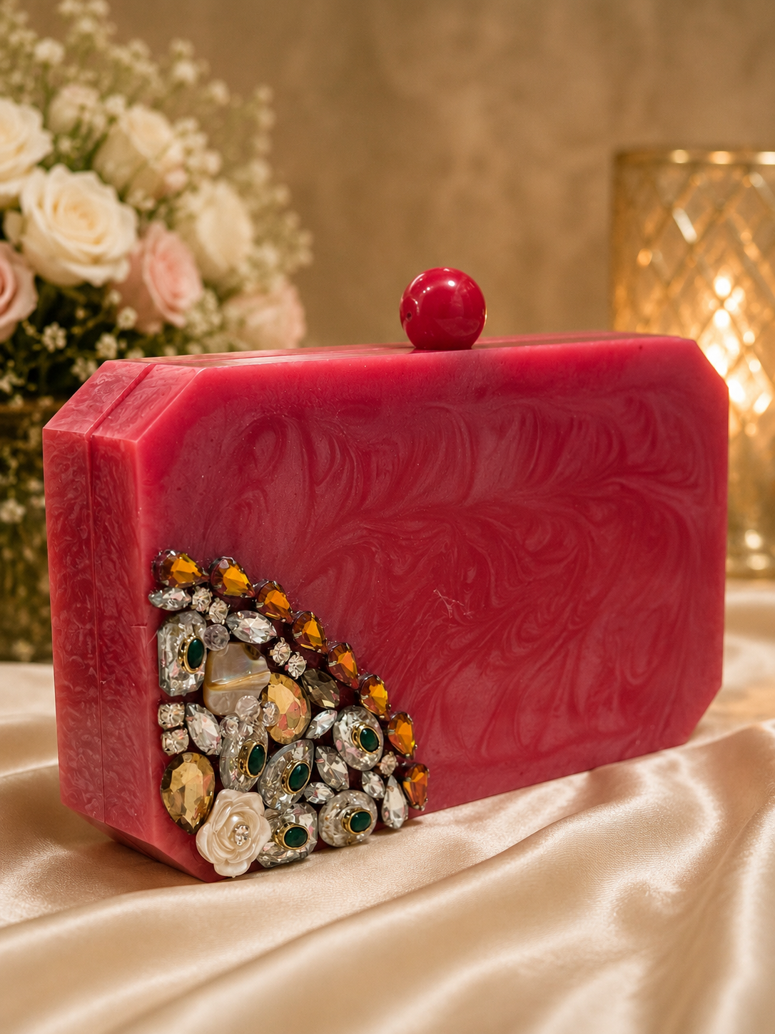 Elegant Ruby Red Bloom Embellished Resin Clutch
