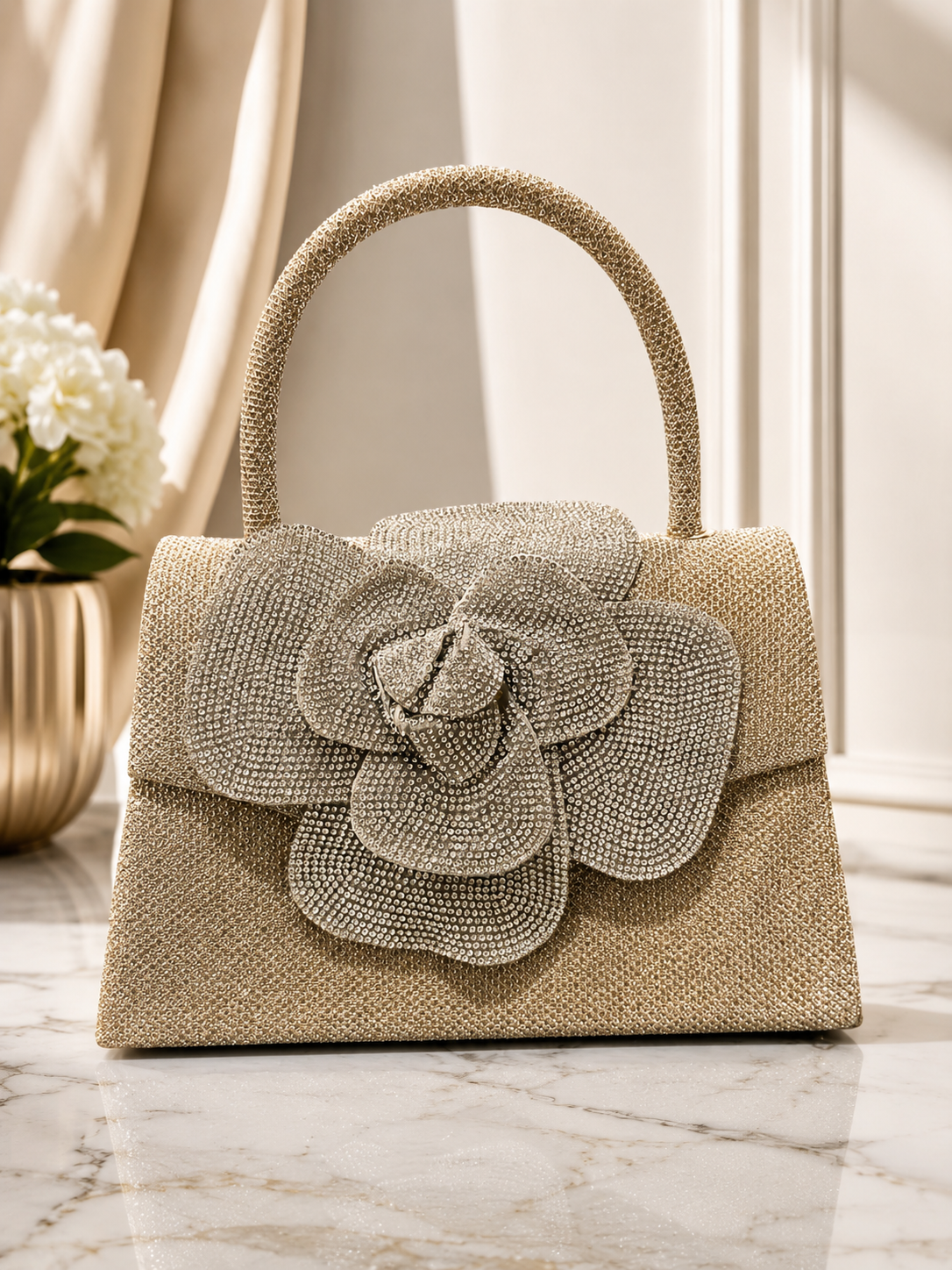 Golden Bloom Crystal Handbag