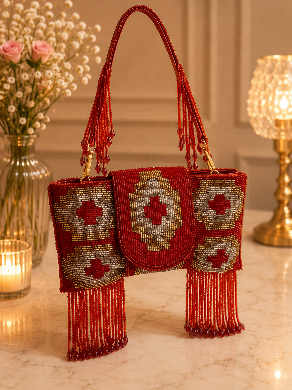 Royal Beaded Artisan Handbag with Tassels