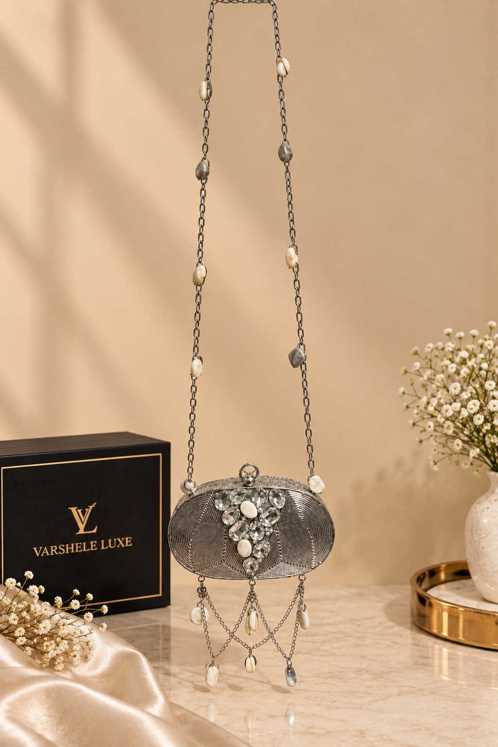 Silver Pearl Cascade Mini Metal Clutch