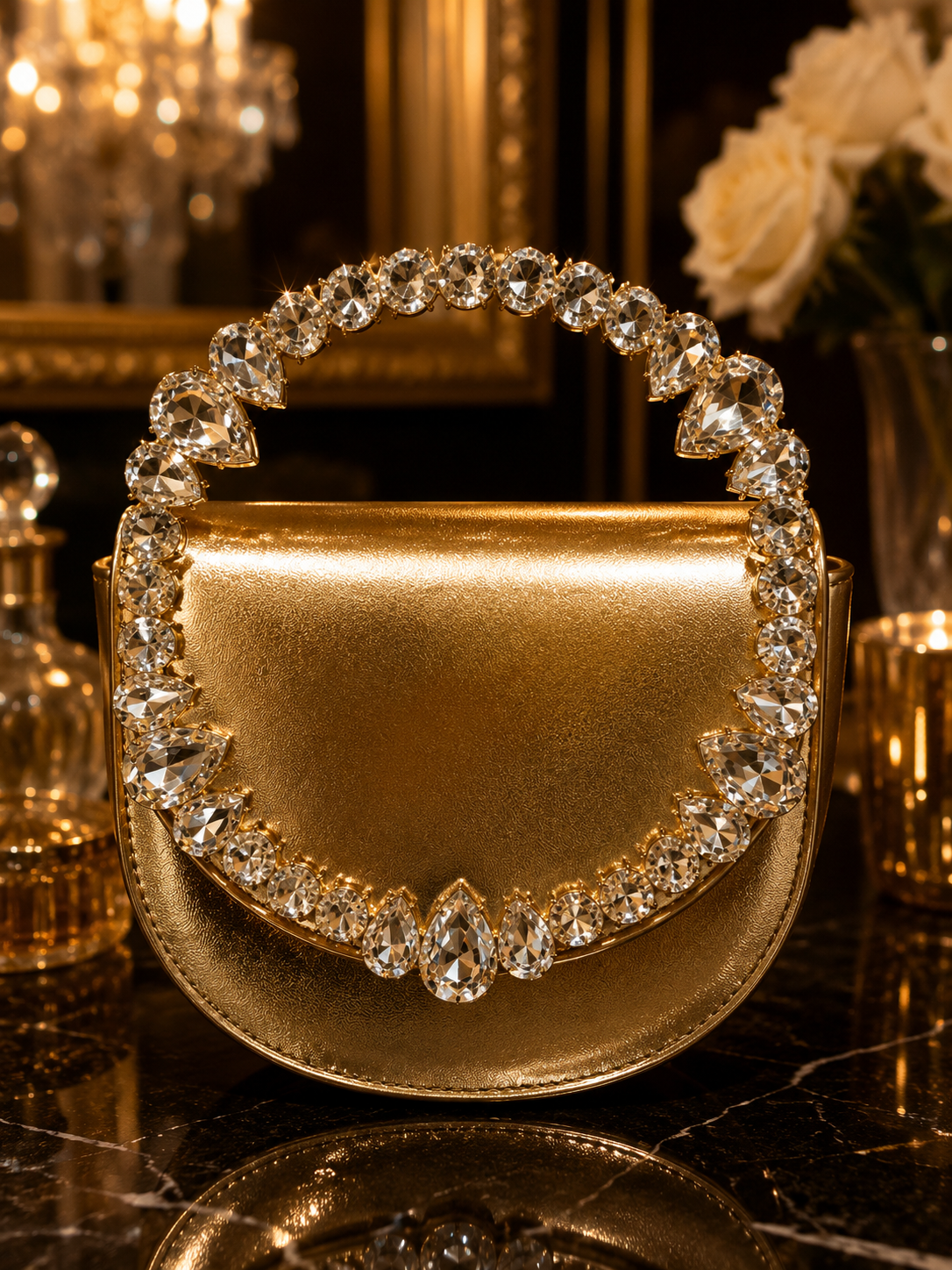 Luxury shiny Crystal handle stone hand bag
