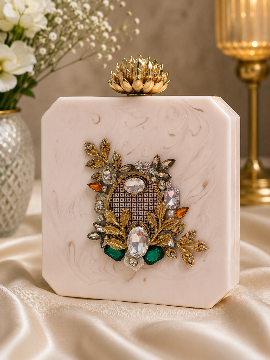Ivory Royal Bloom Jewel Clutch