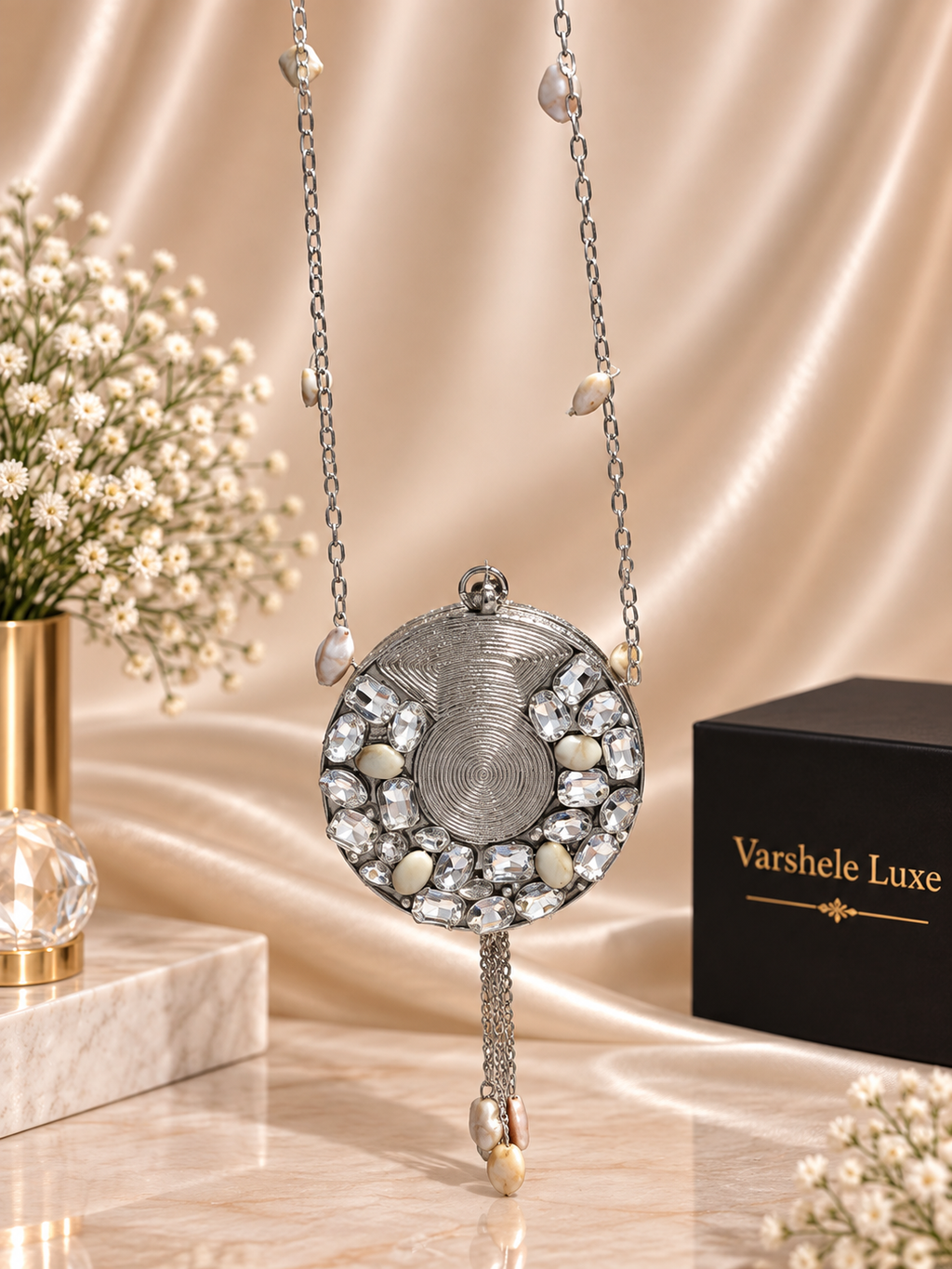 Varshele Luxe Silver Crystal Circle Mini Clutch
