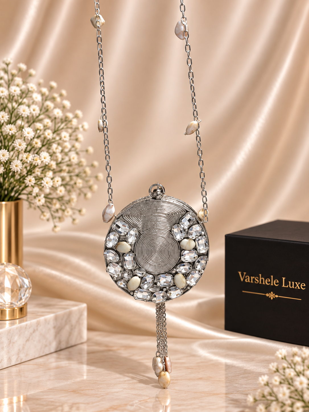 Varshele Luxe Silver Crystal Circle Mini Clutch