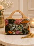 Vibrant Floral Sequin Wooden-Handle Handbag