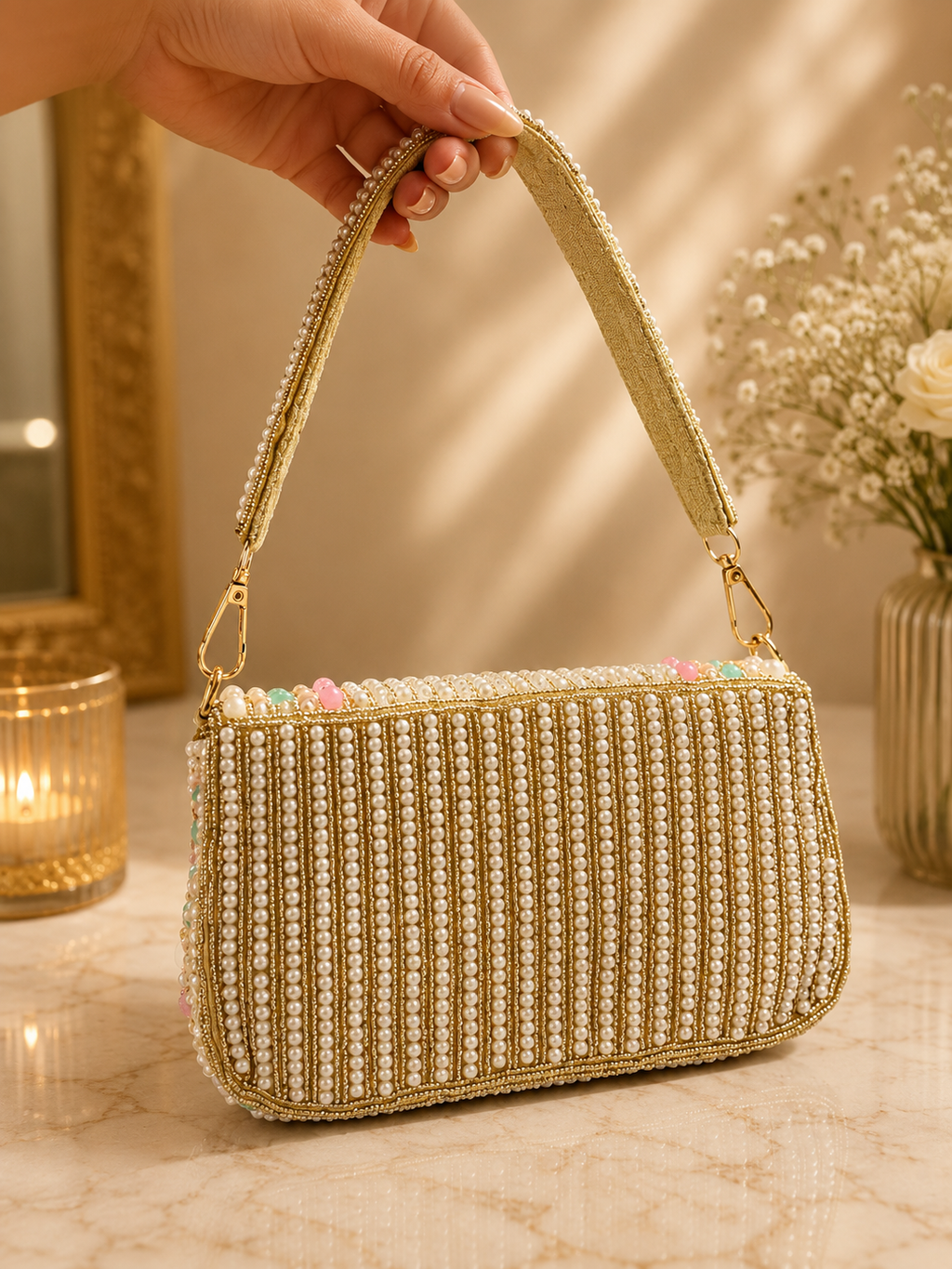 Pearl Blossom Beaded Shoulder Bag