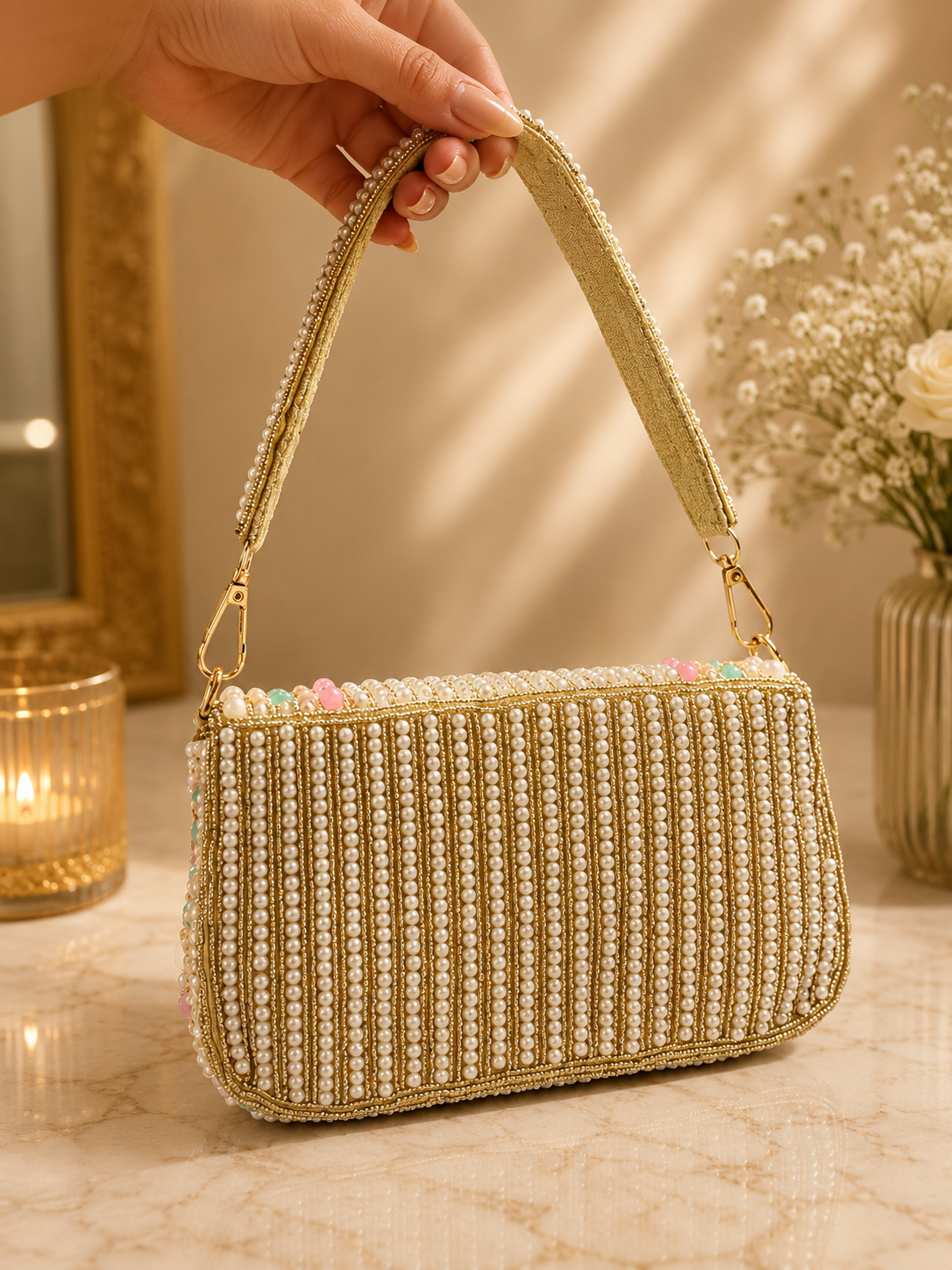 Pearl Blossom Beaded Shoulder Bag