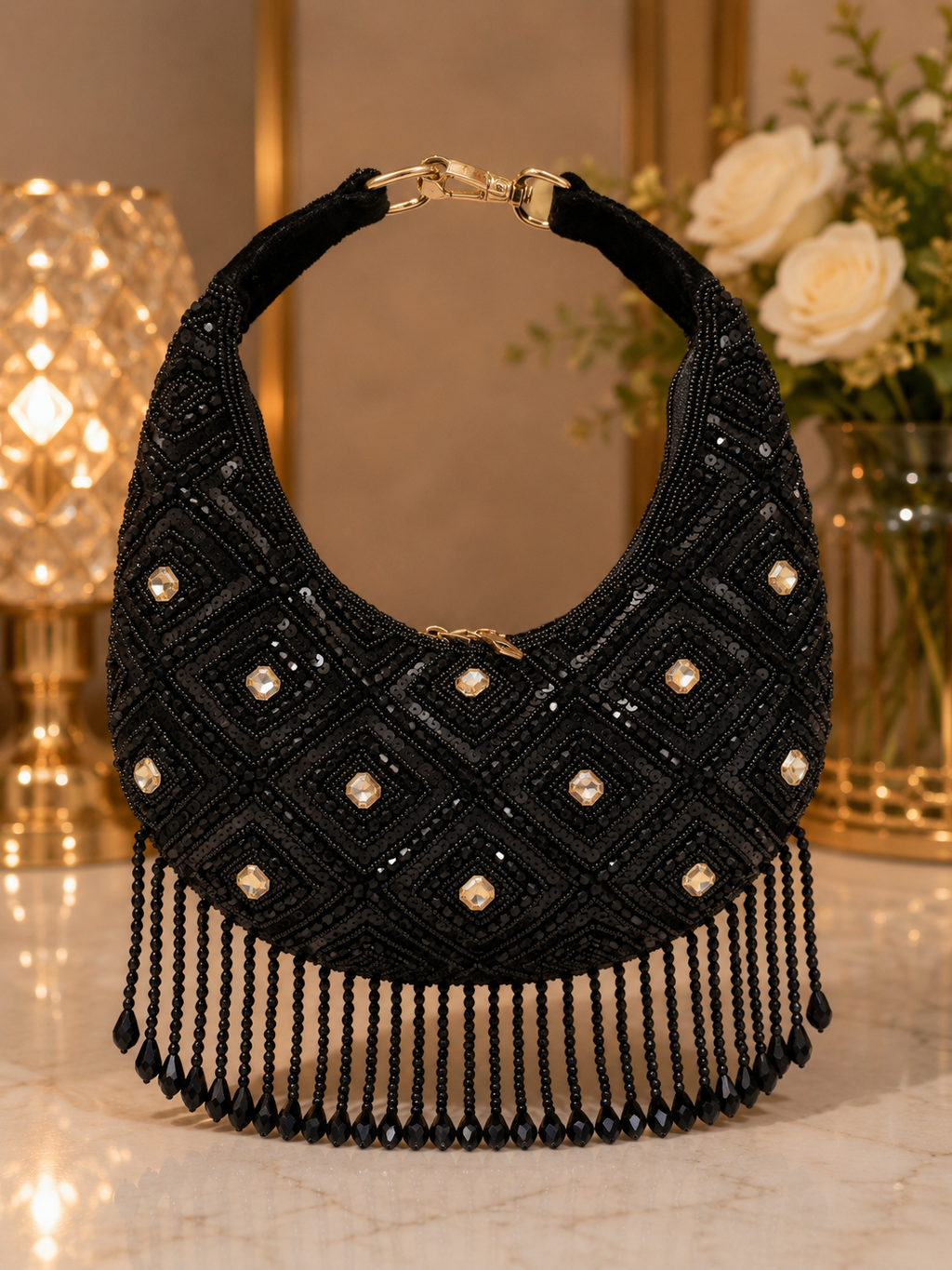 Midnight Royale Beaded Crescent Handbag