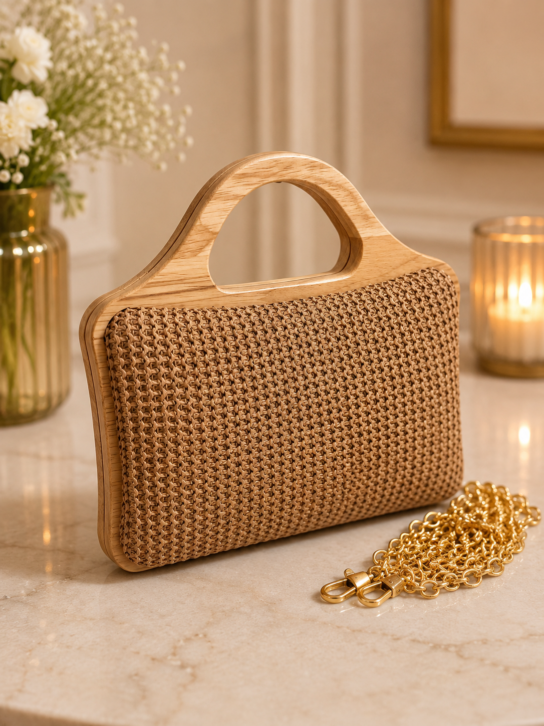 Vibrant Floral Sequin Wooden-Handle Handbag