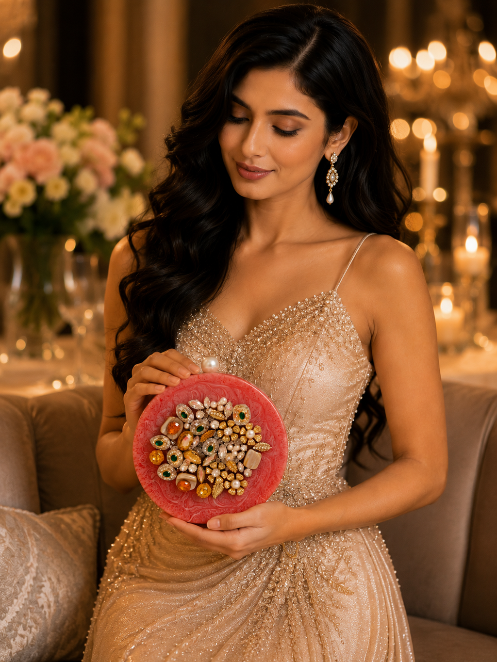 Ruby Red Coral Jeweled Round Resin Clutch