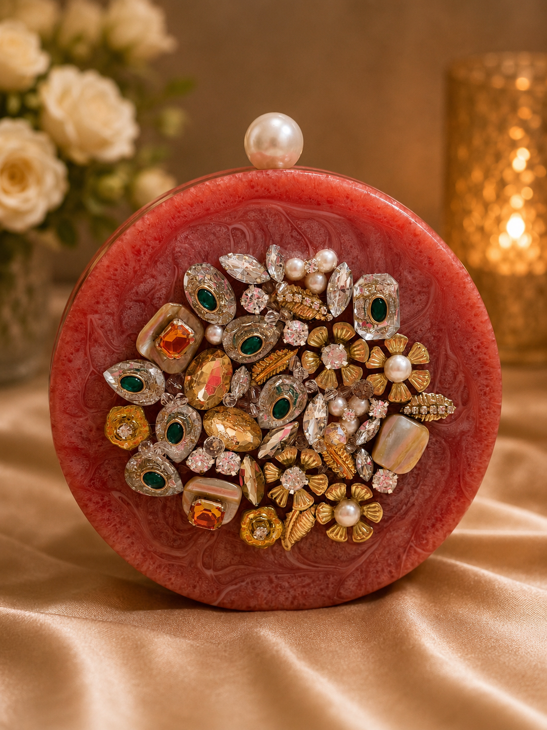 Ruby Red Coral Jeweled Round Resin Clutch