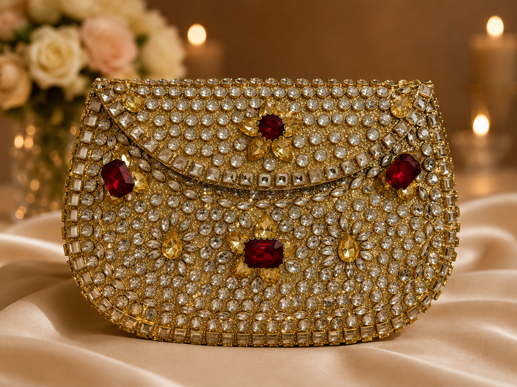Ruby Crystal Gold metal Clutch