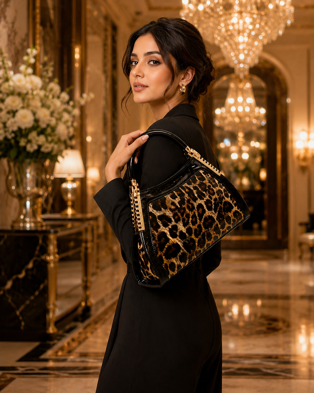 Noir Glossy Leopard Luxe hand/shoulder  Bag