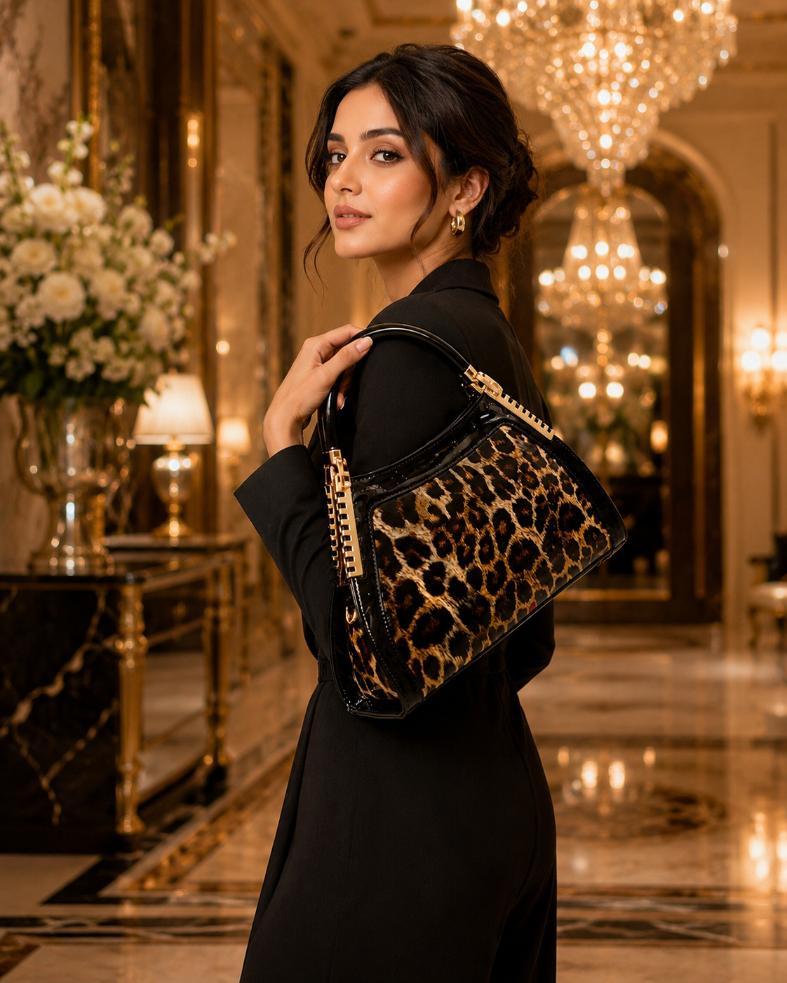 Noir Glossy Leopard Luxe hand/shoulder  Bag