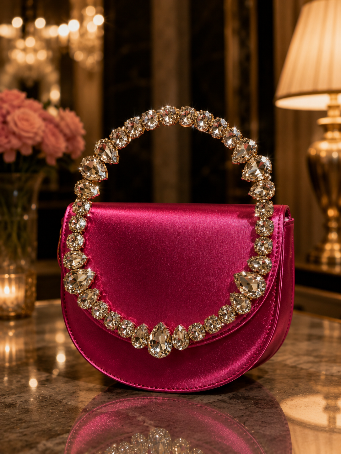 Luxury Shiny Crystal handle stones hand bag