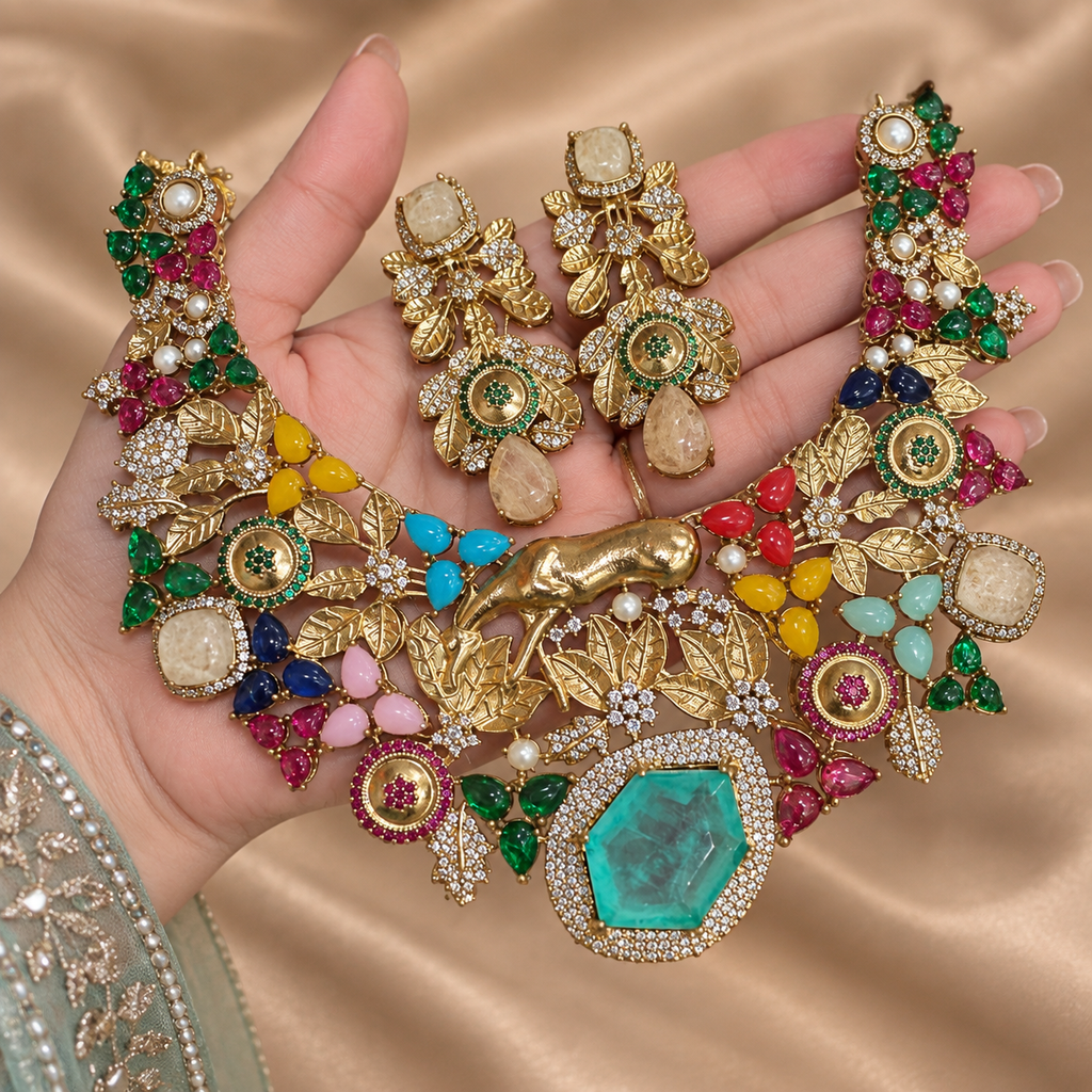 Royal Multicolor Emerald Statement Necklace Set