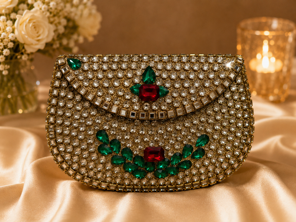 Emerald Ruby Crystal Embellished metal Clutch