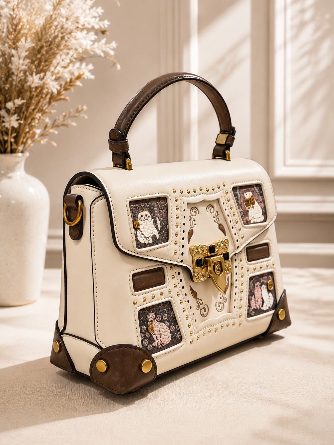 Vintage Cat Charm Top Handle Bag