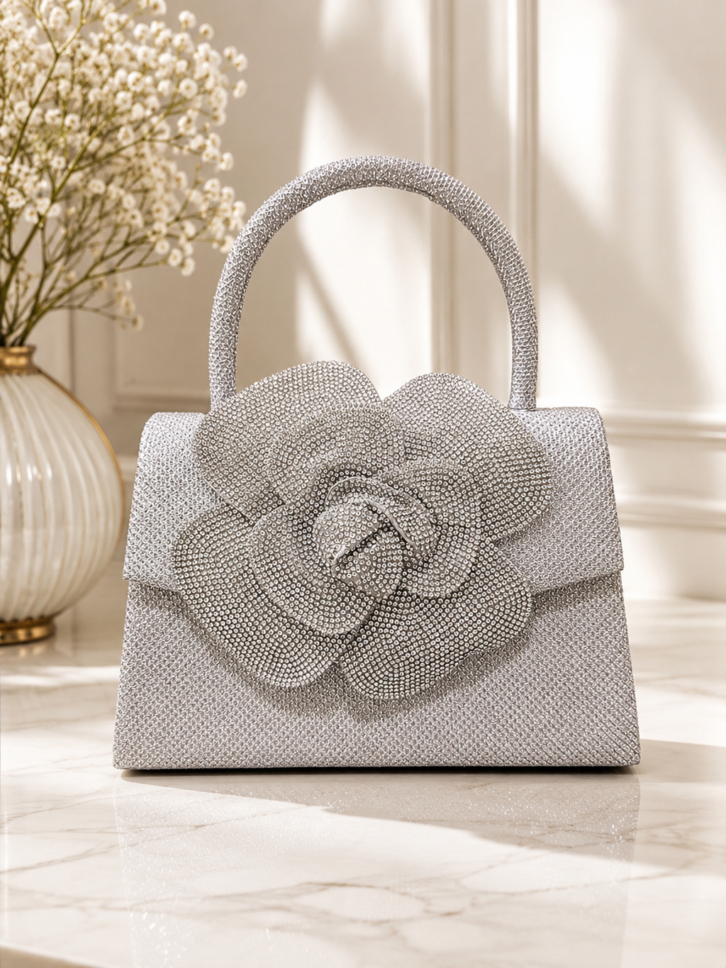 Silver Bloom Crystal Handbag