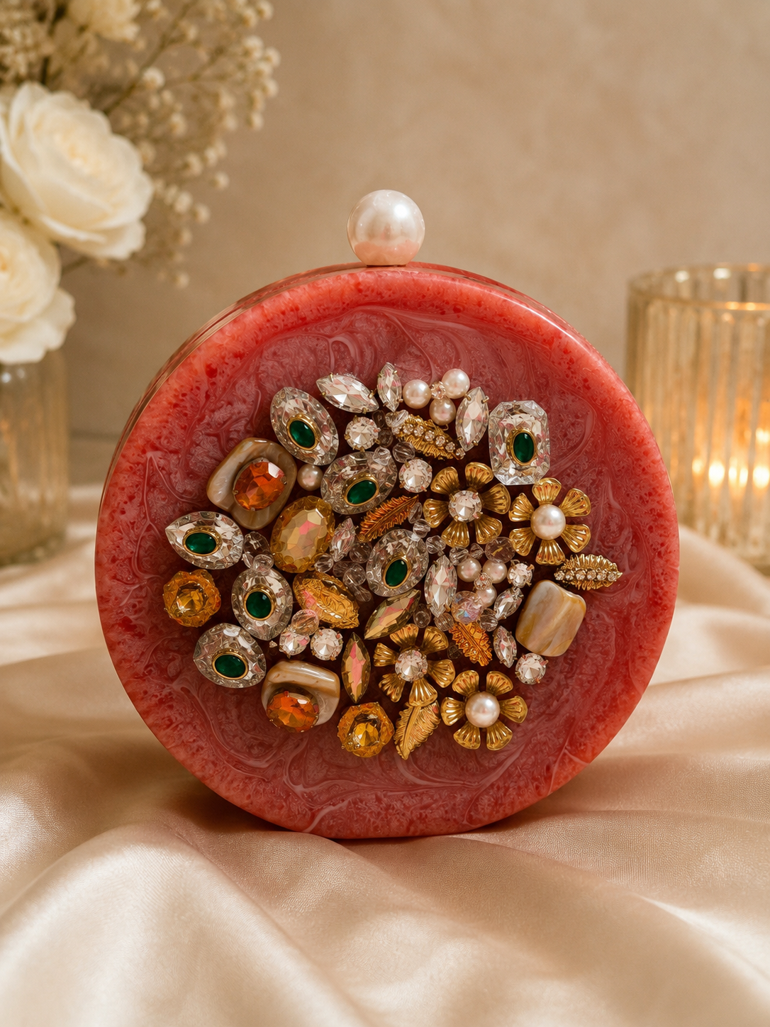 Ruby Red Coral Jeweled Round Resin Clutch