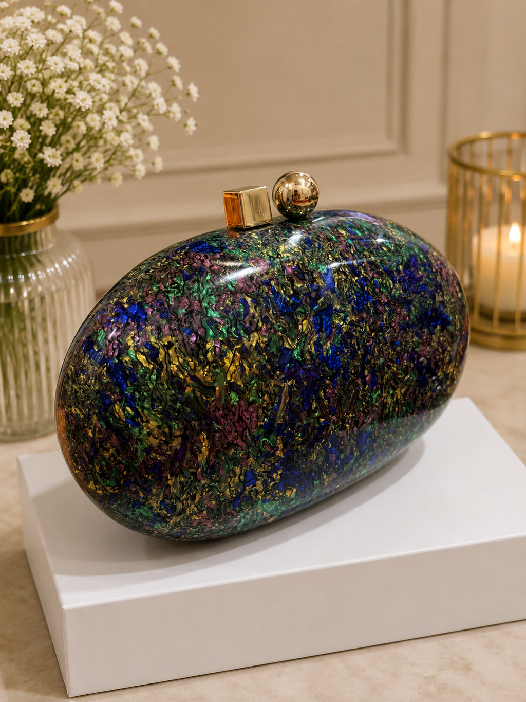 Oval acrylic multicolour luxury clutch